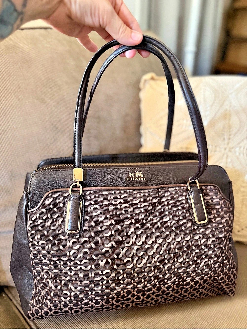 Coach Op Art Signature Glam Tote Brown Geometric Satchel